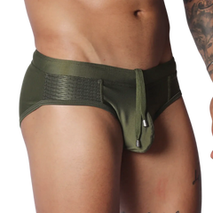 Olive green swim brief with side mesh panels and a drawstring front featuring metallic aglets.