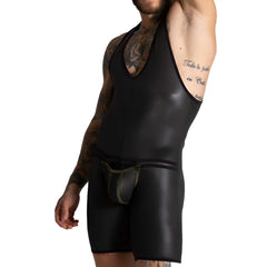Black glossy faux leather menâ€™s bodycon tank top with deep v-neckline and integrated briefs from Gigo F Fetish Green Body