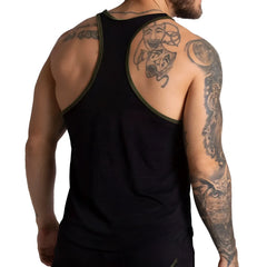 Black athletic tank top with olive green trim along neckline and armholes from Gigo F Fetish Green Tank collection