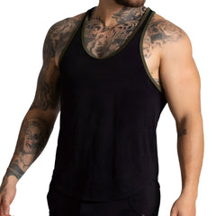 Black Gigo F Fetish Green tank athletic tank top with olive green trim along neckline and armholes