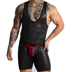 Black shiny faux leather tank top with red trim and central front panel from gigo f fetish red body collection