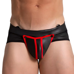 Black and red faux leather briefs with bold angular design featured in gigo f fetish red jockstrap product image