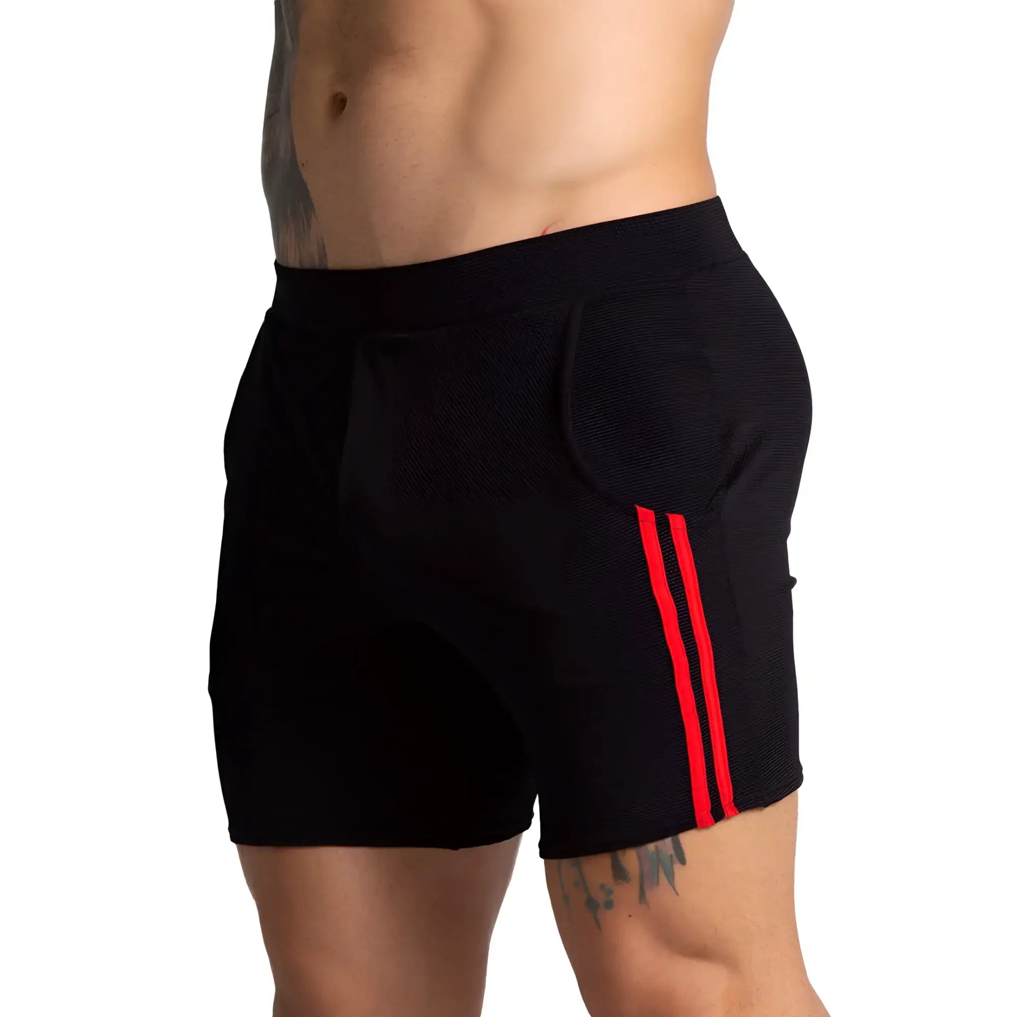 Black athletic shorts gigo f fetish red short with bold red vertical stripes made from textured performance fabric
