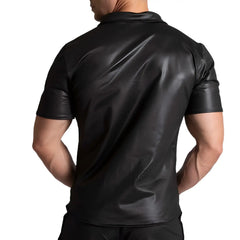 Black short-sleeved leather polo shirt with collar from Gigo F fetish shirt collection shown from front angle