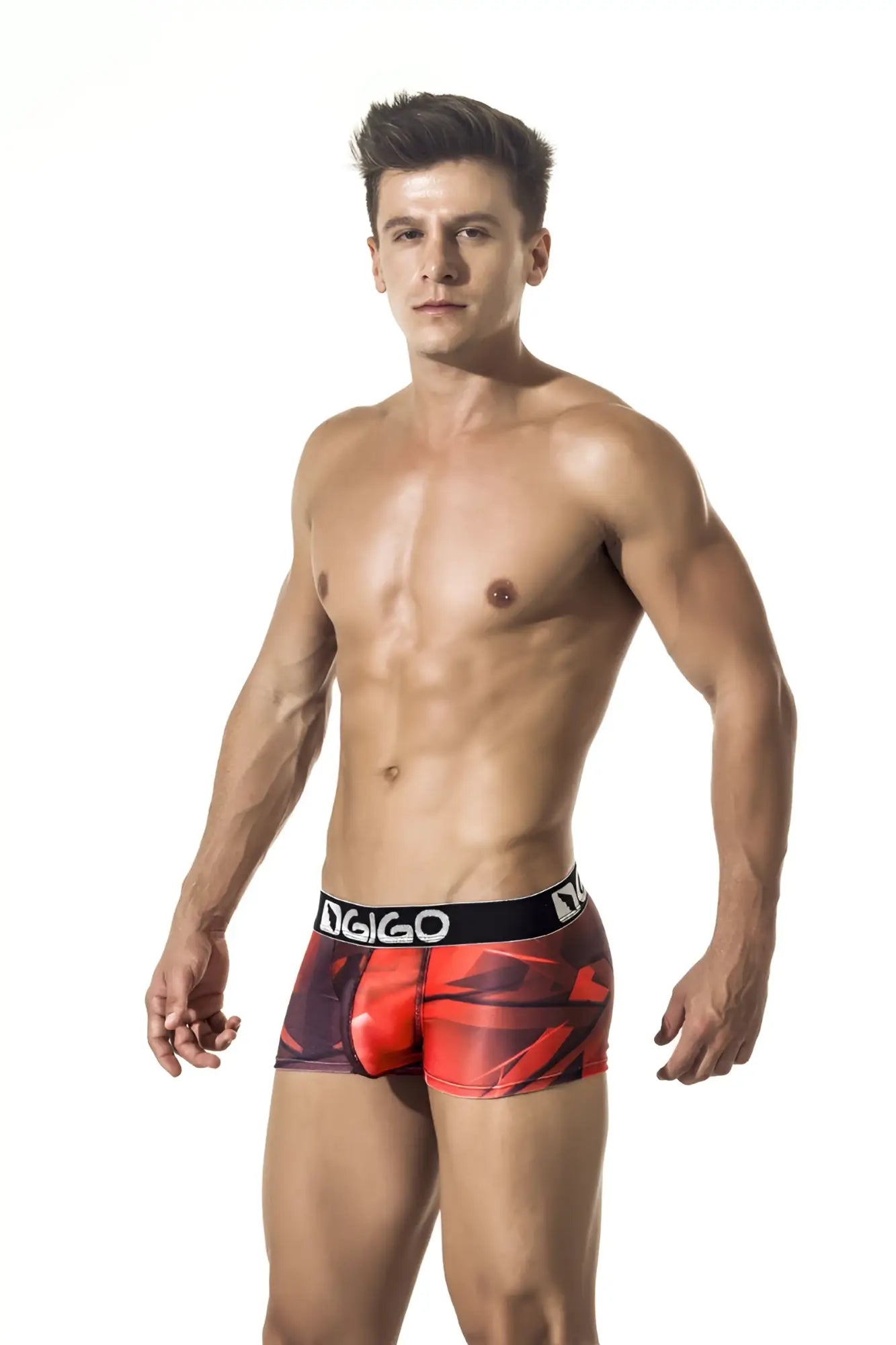 Red and black patterned men’s gigo fast short boxer underwear with black waistband size l front view