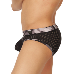 Black and gray camouflage mesh briefs with perforated design by gigo feeling black for breathable comfort