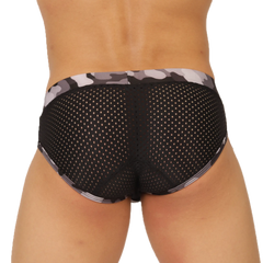 Black mesh briefs with gray and white camouflage waistband from gigo feeling black brief collection