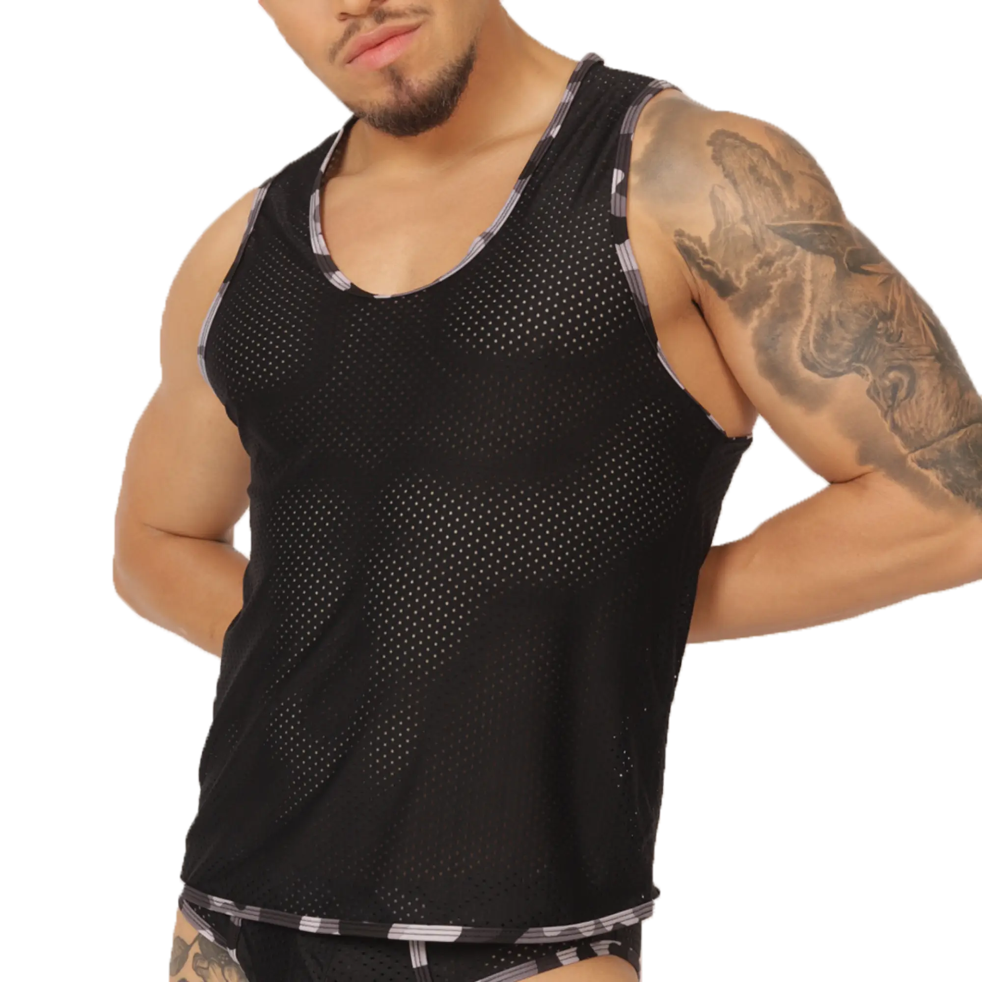 Gigo Feeling Black Tank black mesh tank top with gray and white striped trim on neckline armholes and hem