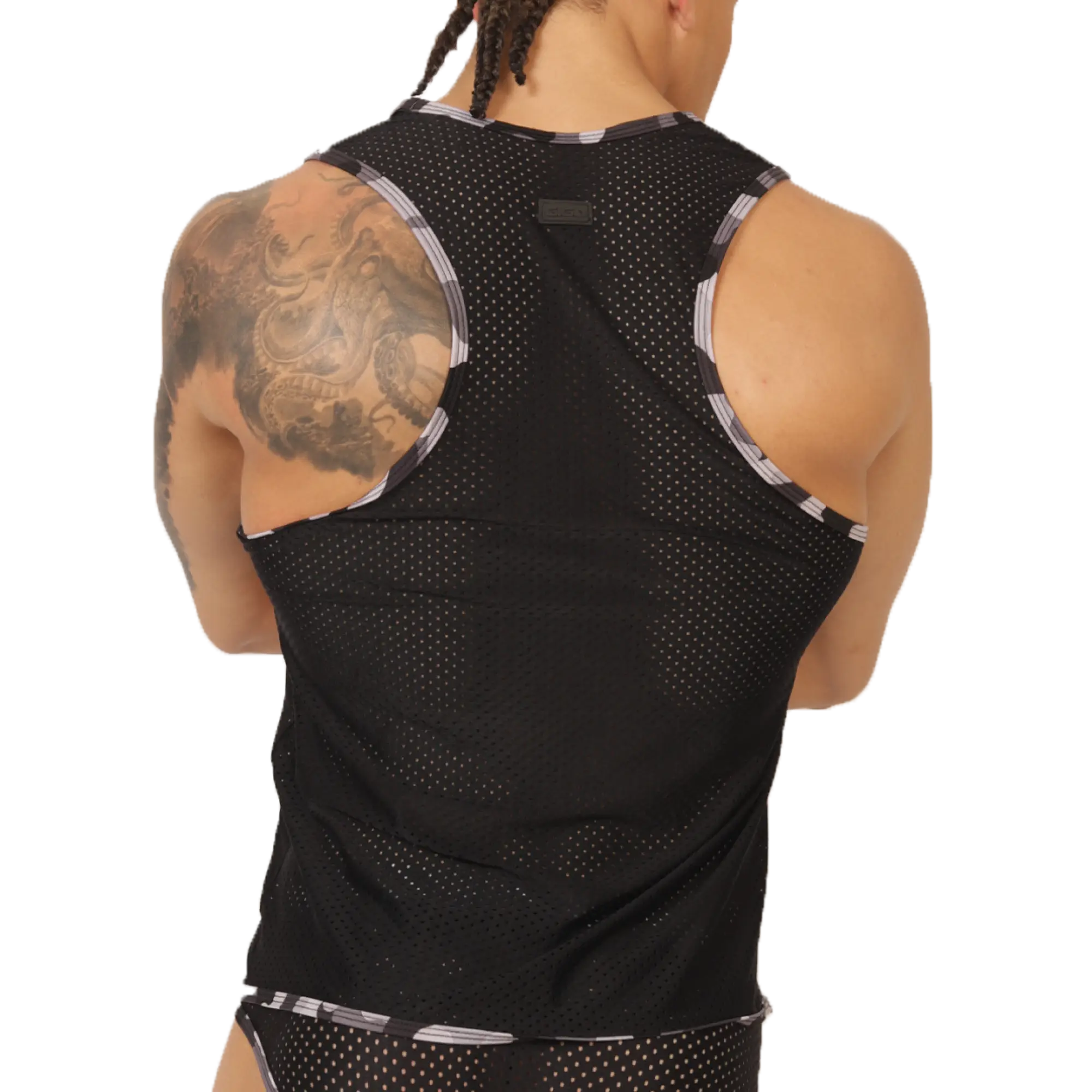 Black mesh gigo feeling black tank top with silver and black striped trim along the shoulder straps