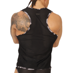 Black mesh gigo feeling black tank top with silver and black striped trim along the shoulder straps
