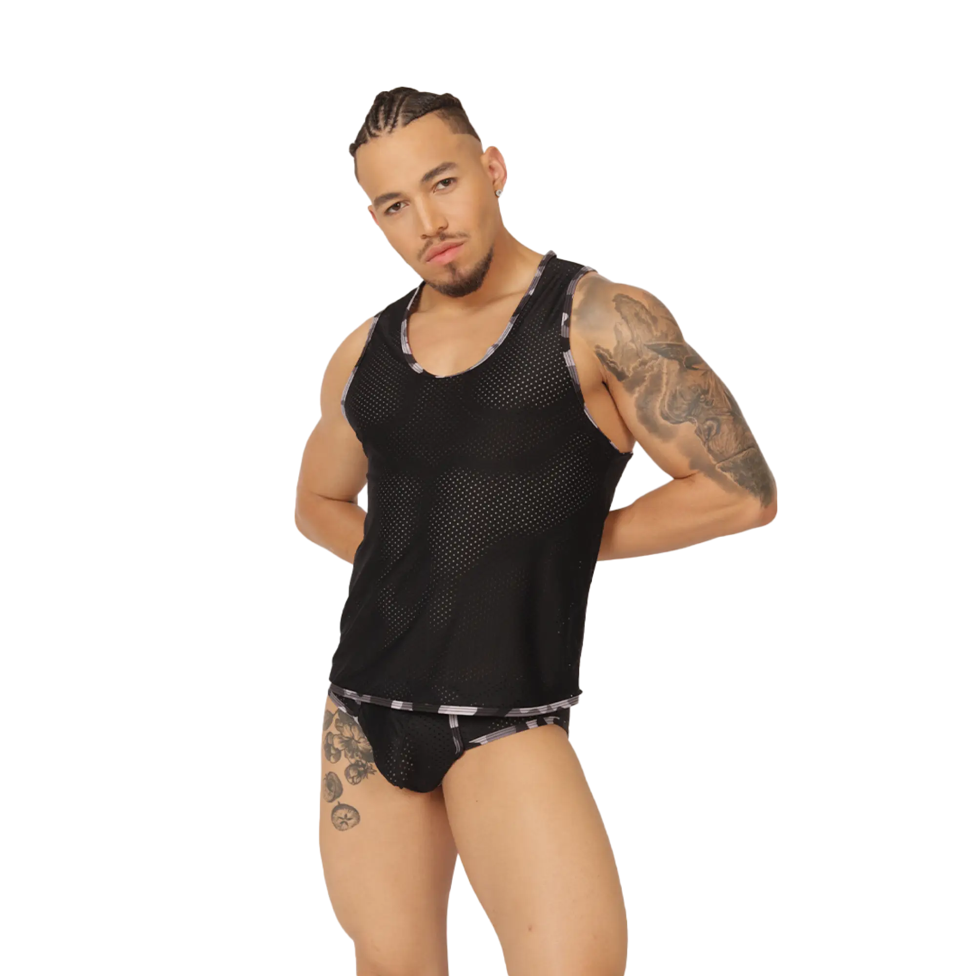 Black mesh tank top gigo feeling black tank with subtle patterned trim along neckline and waistband