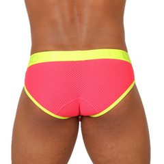 Gigo Feeling Candy Brief vibrant pink mesh swim trunks with neon yellow trim designed for comfortable swimming