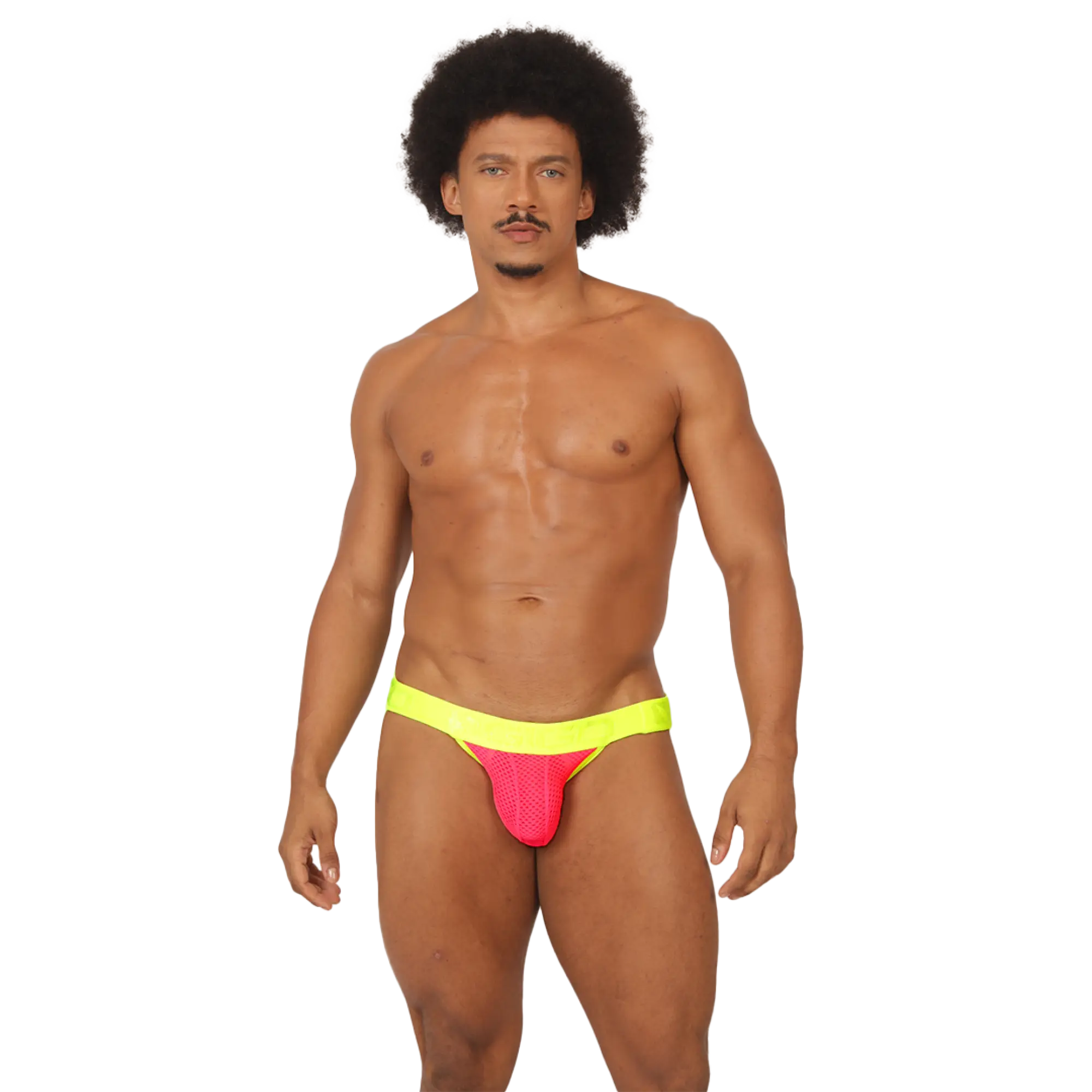 Vibrant neon pink and yellow gigo feeling candy jockstrap with mesh texture designed for athletic comfort