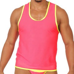 Bright pink mesh tank top with neon yellow trim from Gigo feeling candy tank collection for casual wear