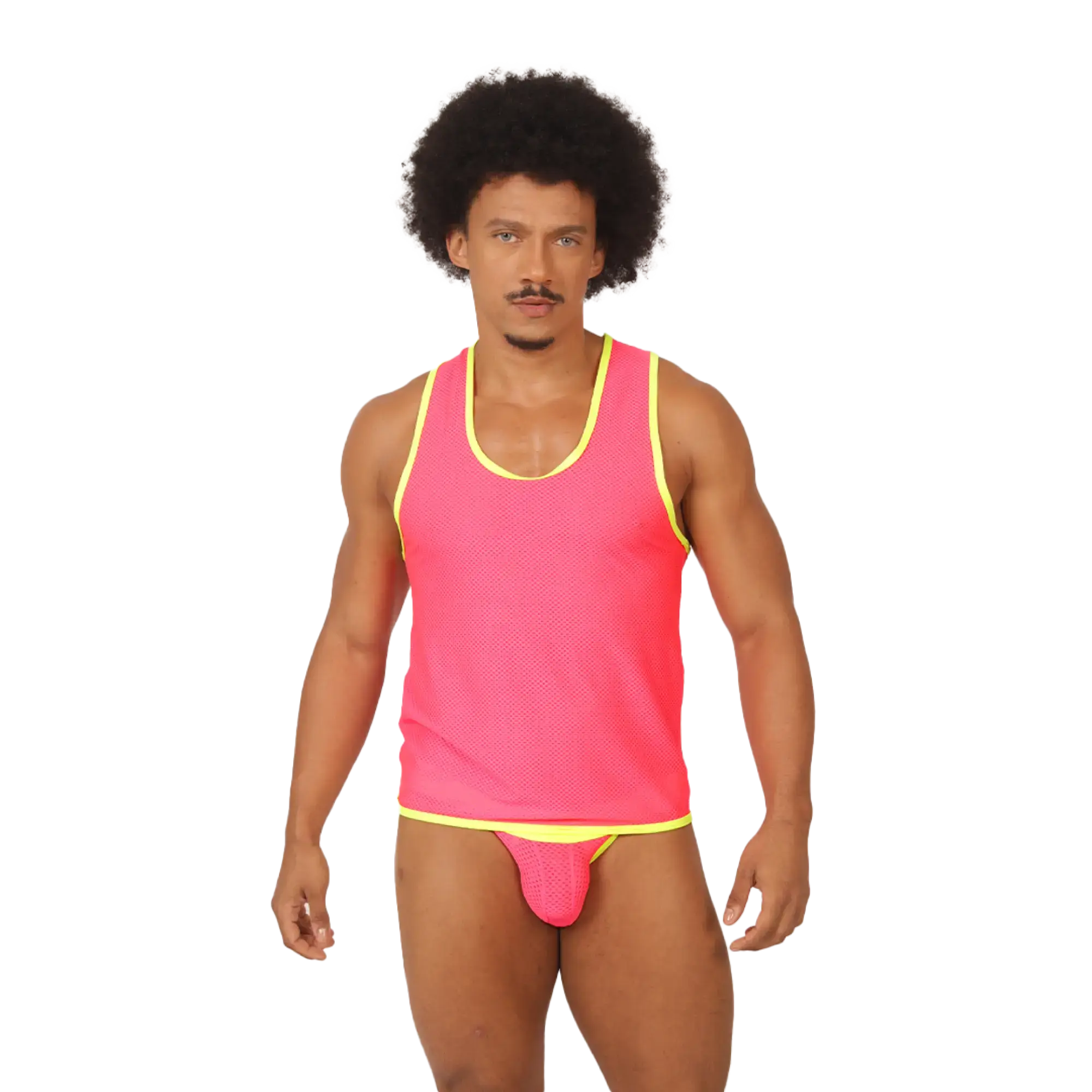 Vibrant pink mesh gigo feeling candy tank top with neon yellow trim perfect for casual summer wear