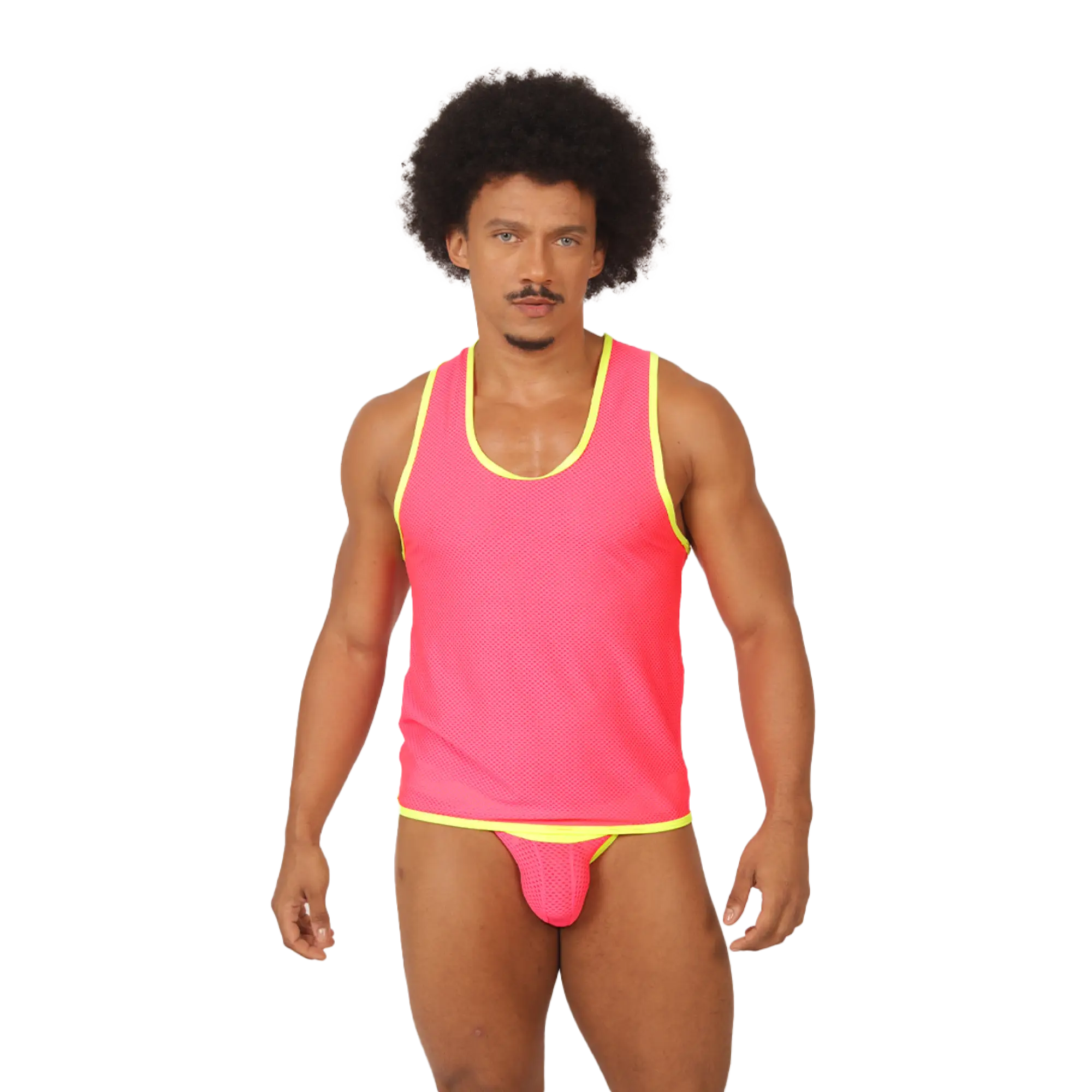 Vibrant pink mesh gigo feeling candy tank top with neon yellow trim perfect for casual summer wear