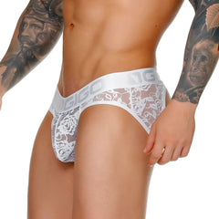 White lace trimmed briefs with sheer mesh overlay and elastic waistband featuring gigo brand logo front view