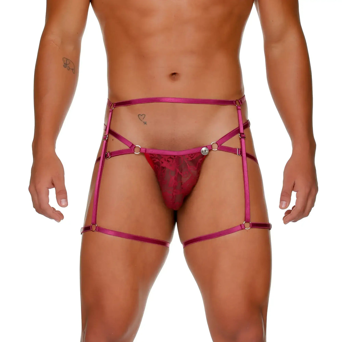Fuchsia lace thong wine jockstrap with matching straps and silver toned metal hardware shown from the back side