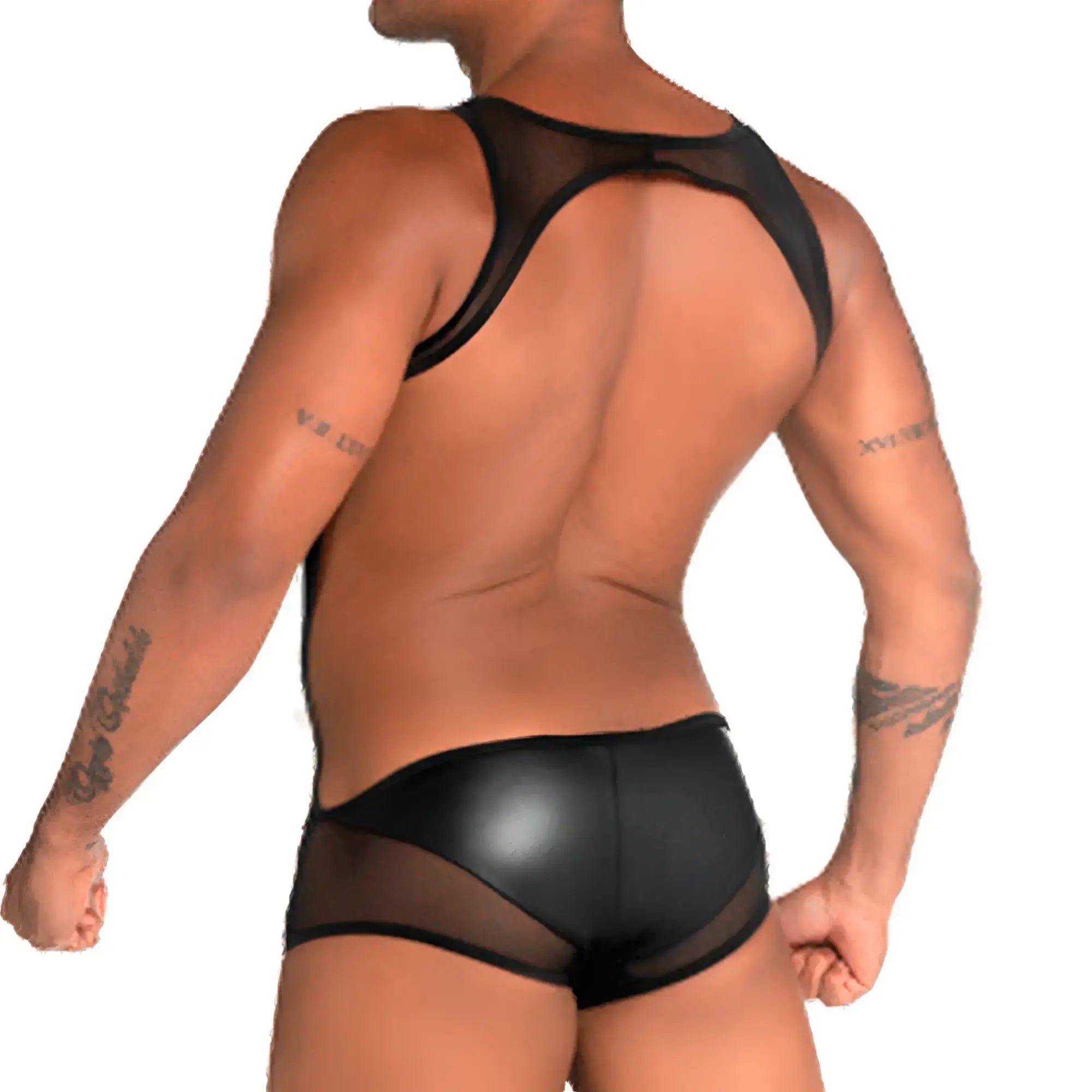 Back view of gigo fetiche black singlet menâ€™s backless underwear in sheer mesh and faux leather materials