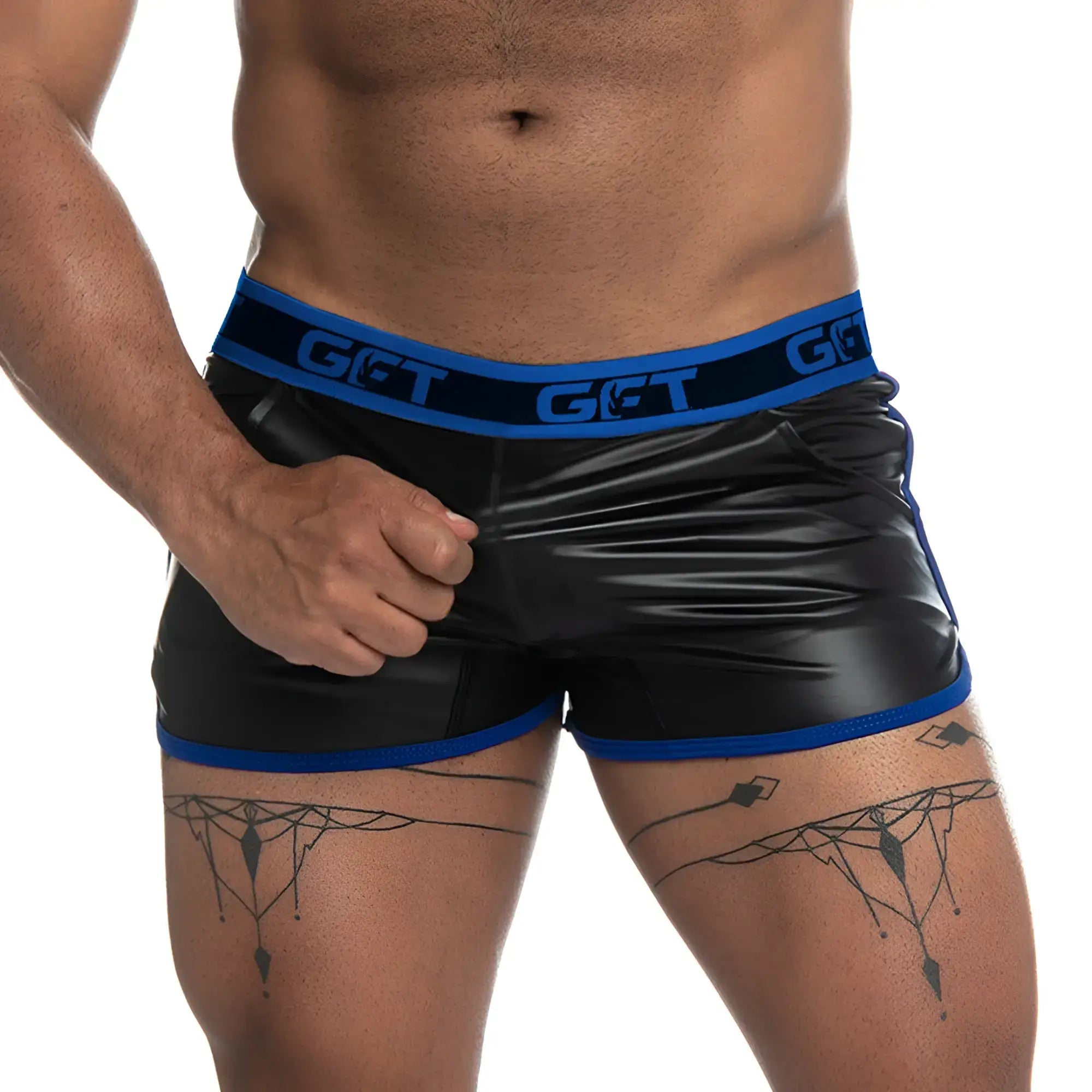 Black patent leather shorts with bold blue trim and matching waistband featuring get logo called gigo fetiche blue short