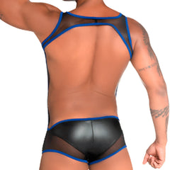 Black and blue mesh-backed menâ€™s briefs with shiny faux-leather front panel from gigo fetiche blue singlet collection