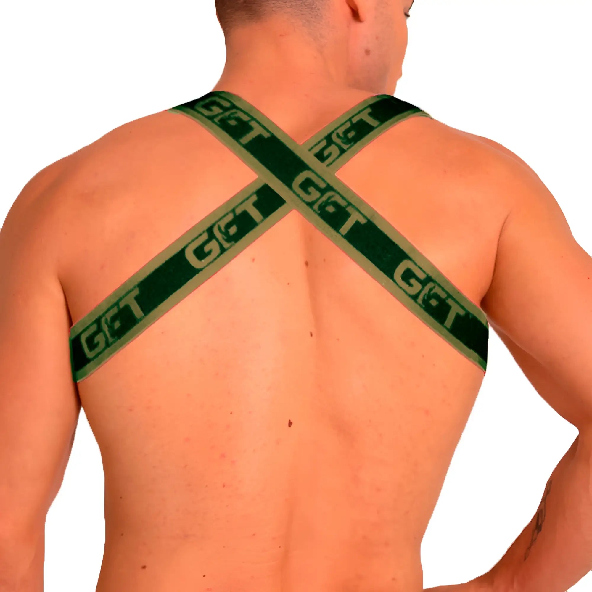 Green and beige striped cross-back support belt with get branding showing the back side of gigo fetiche green harness