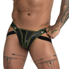 Gigo fetiche green jockstrap in black and olive green leather-like briefs with silver-toned button closures