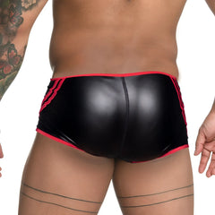 Black shiny faux leather briefs with bold red trim on waistband and legs gigo fetiche red trunk product