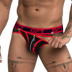 Black and red mesh Gigo Fetiche zipper brief jockstrap with silver zipper and get branding on waistband