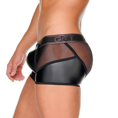 Black patent leather and mesh briefs with get branded waistband from gigo fetish black trunk collection