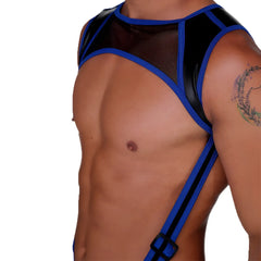 Gigo fetish blue harness featuring blue and black mesh with adjustable straps for customizable fit