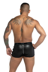 Black faux leather shorts with central front zipper and Gigo branded waistband in size S with curved hem piping