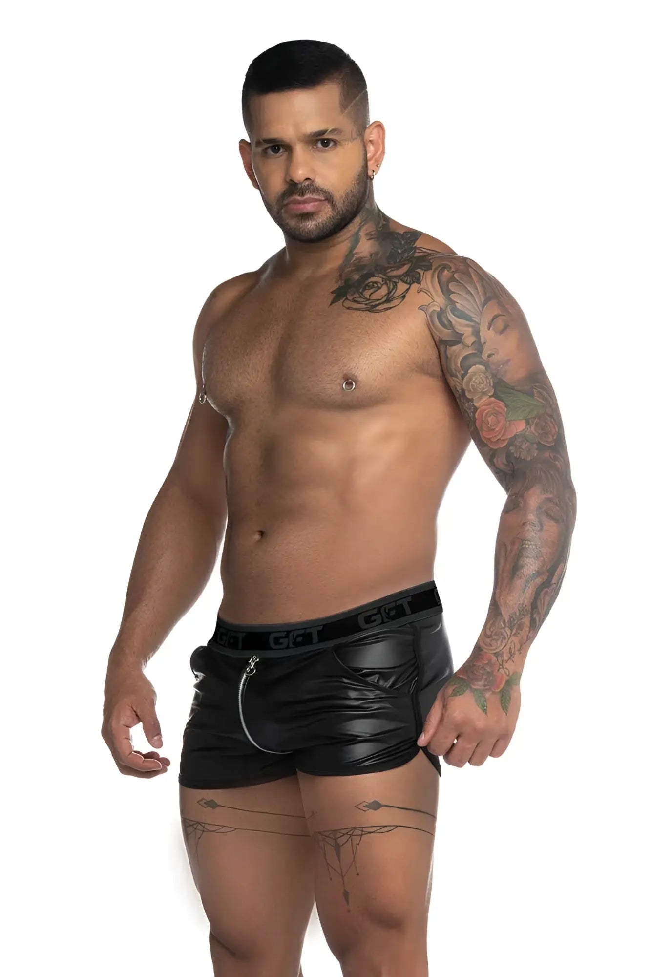 Black patent leather gigo fetish curved hem piping double zipper shorts with elastic g&t waistband size s