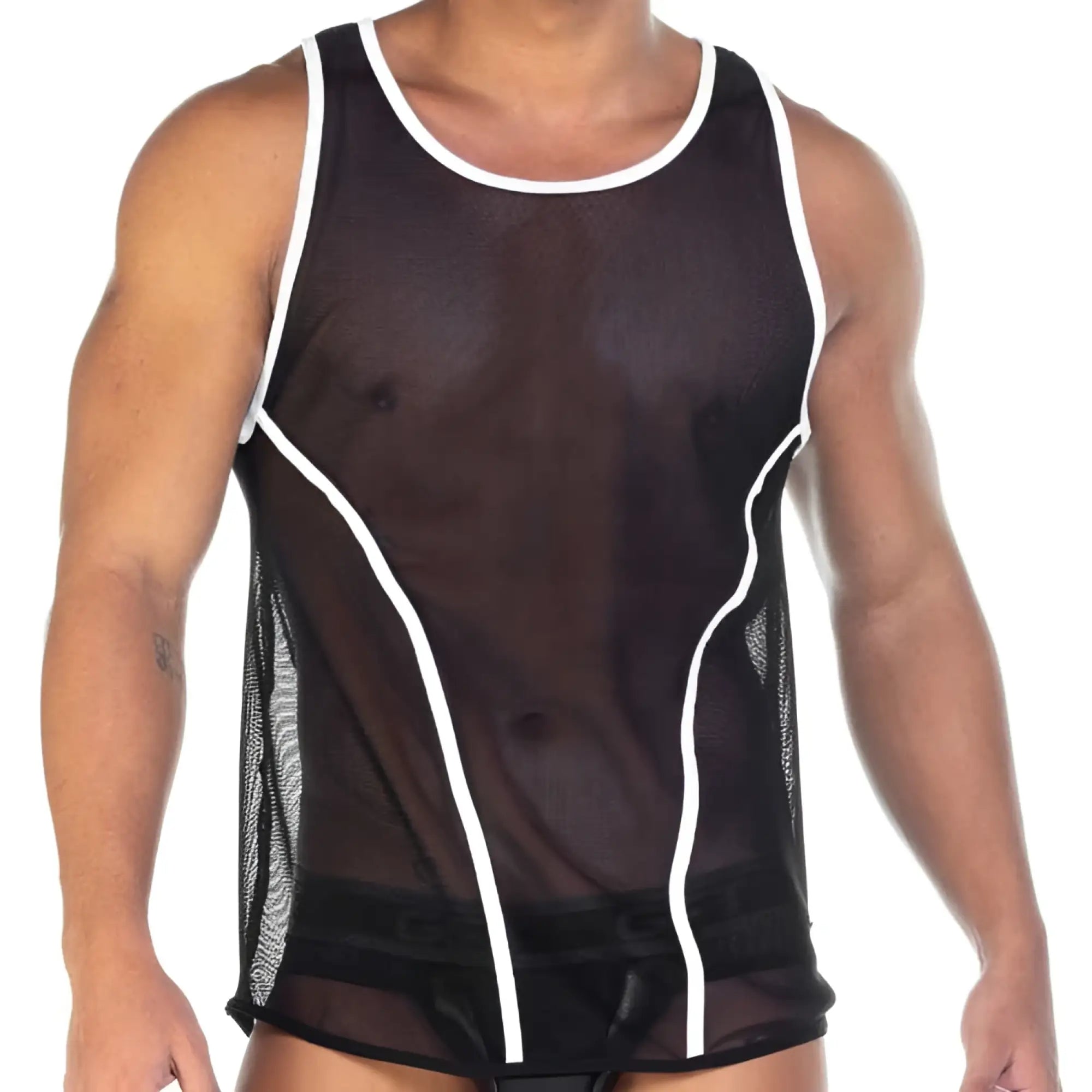 Black mesh tank top with white trim and piping from gigo fetish curves size m