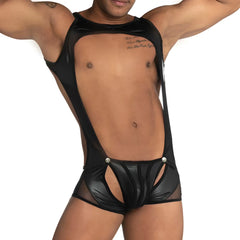 Black shiny latex bodysuit with mesh panels and silver button fastenings from gigo fetish size s
