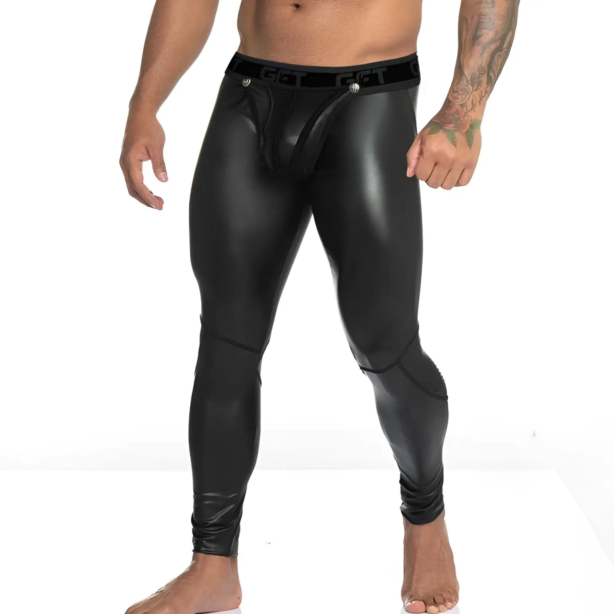 Black shiny faux leather high-waisted leggings with internal pouch from gigo fetish detachable piping mesh pants size s