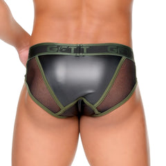Black and olive green mesh briefs with glossy finish and gett logo waistband from the gigo fetish green brief collection