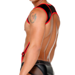 Black and red latex harness top with mesh paneling from gigo fetish red harness collection