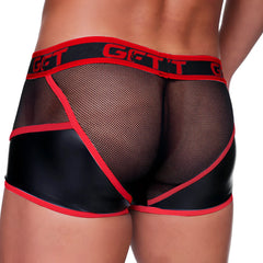 Black and red mesh briefs with shiny faux leather panel design in gigo fetish red trunk style