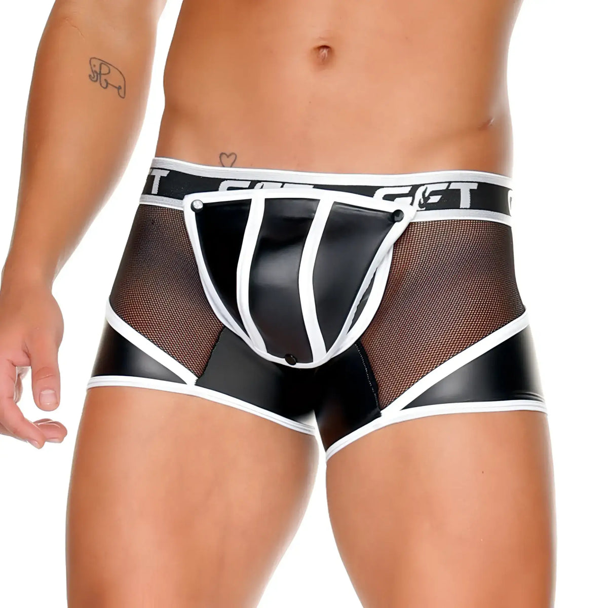 Black and white latex-trimmed mesh briefs with bold striped design from gigo fetish white trunk collection