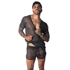 Black sheer, mesh-style short-sleeve T-shirt with a deep V-neck and subtle glittery, textured finish.