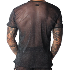 Black semi-sheer, metallic short-sleeve T-shirt with a lightweight, glittery knit texture.