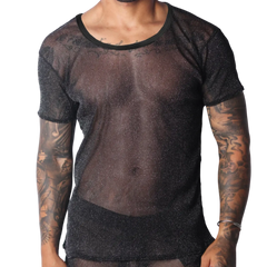 Black sheer scoop-neck T-shirt in a shimmering, fine-knit metallic fabric.