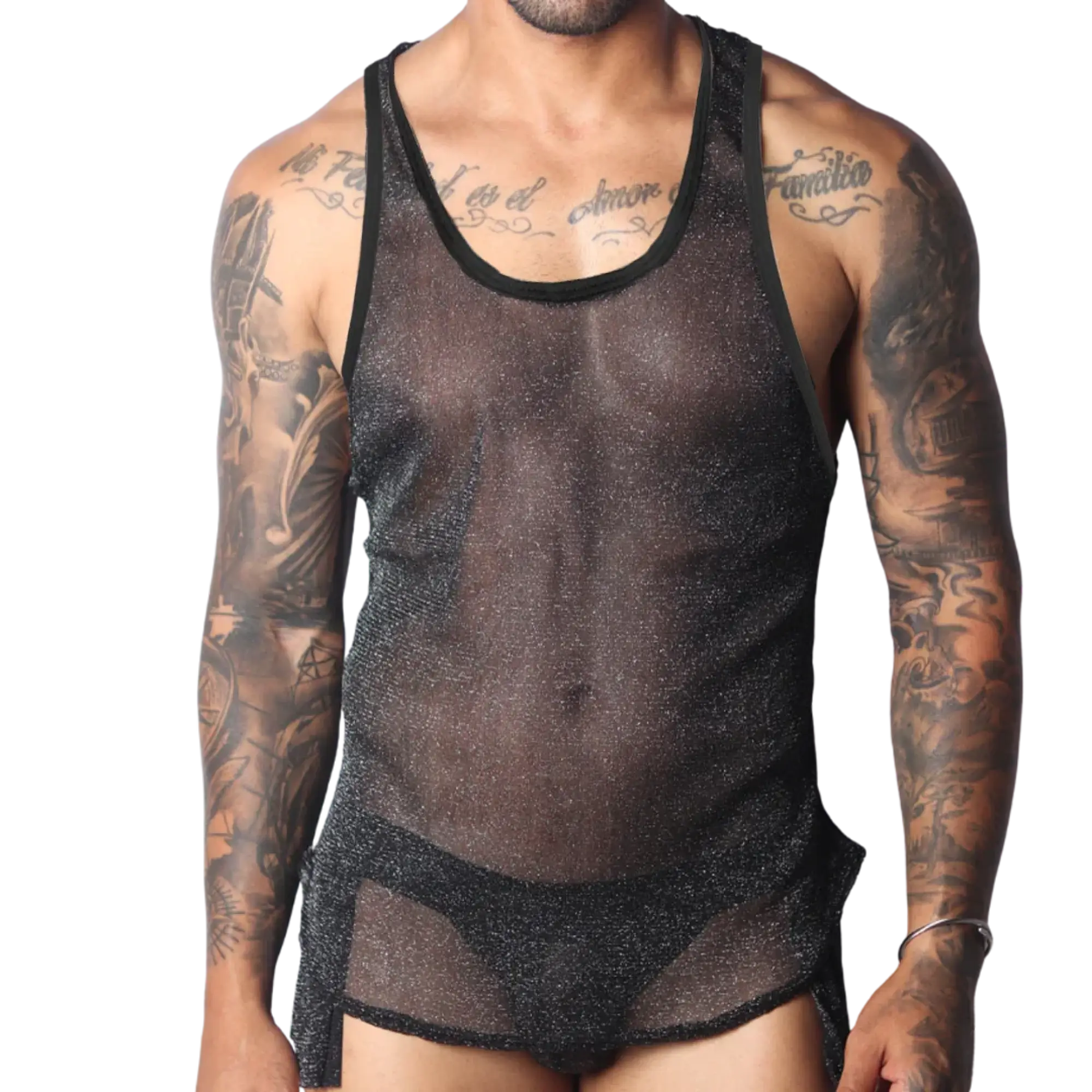 Black semi-sheer mesh tank top with a subtle glitter finish and solid black trim, worn over matching briefs.