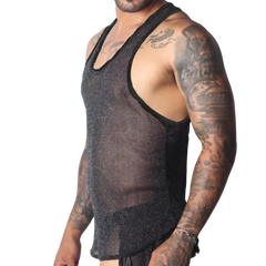 Sheer black racerback tank top in a lightweight, sparkling metallic knit fabric with solid black trim.