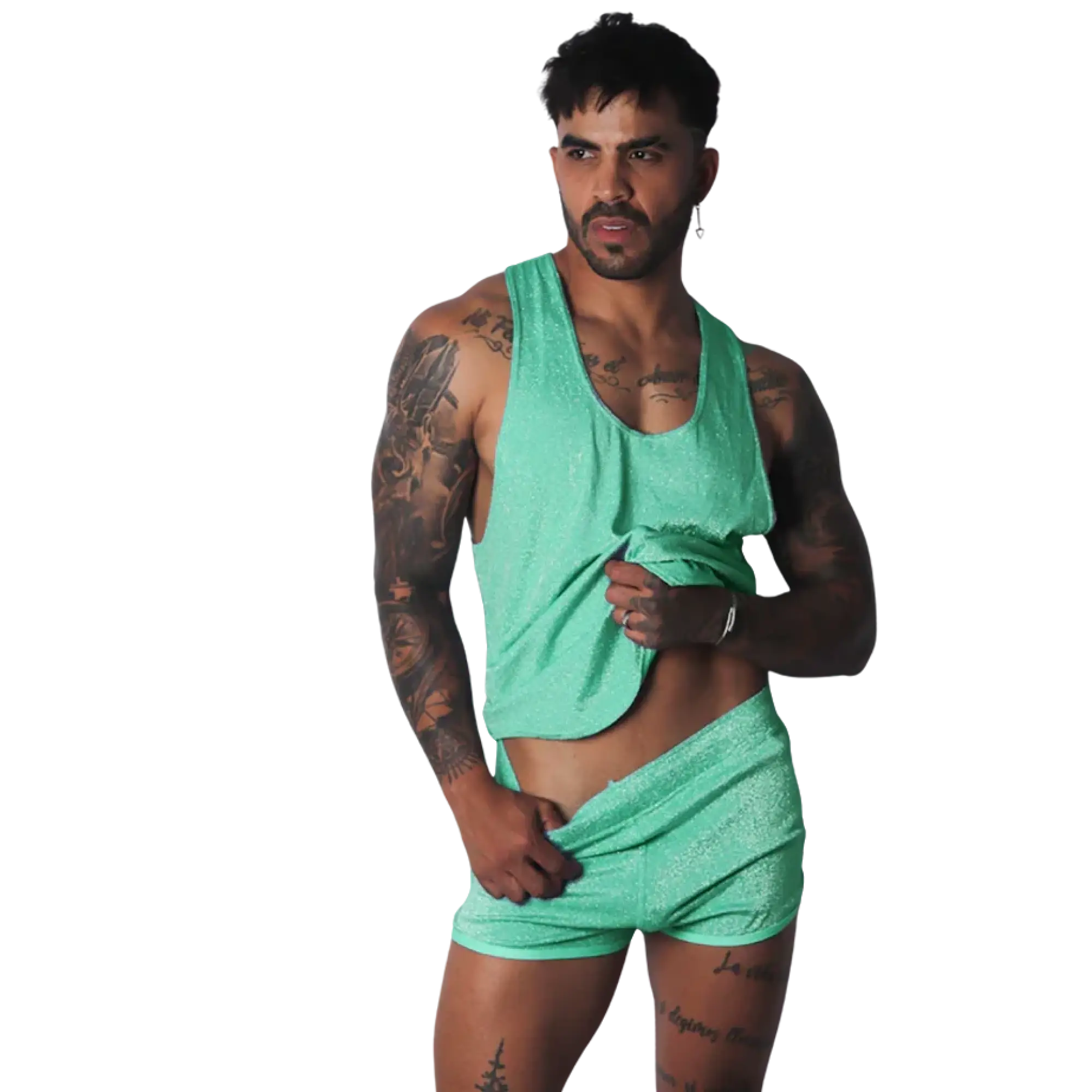Neon green, glitter-finish tank top with a scoop neck and wide straps in a fitted, athletic style.