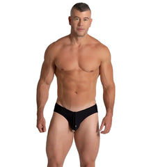 Black form-fitting swim trunks with central zipper closure from gigo flashing black swim brief collection
