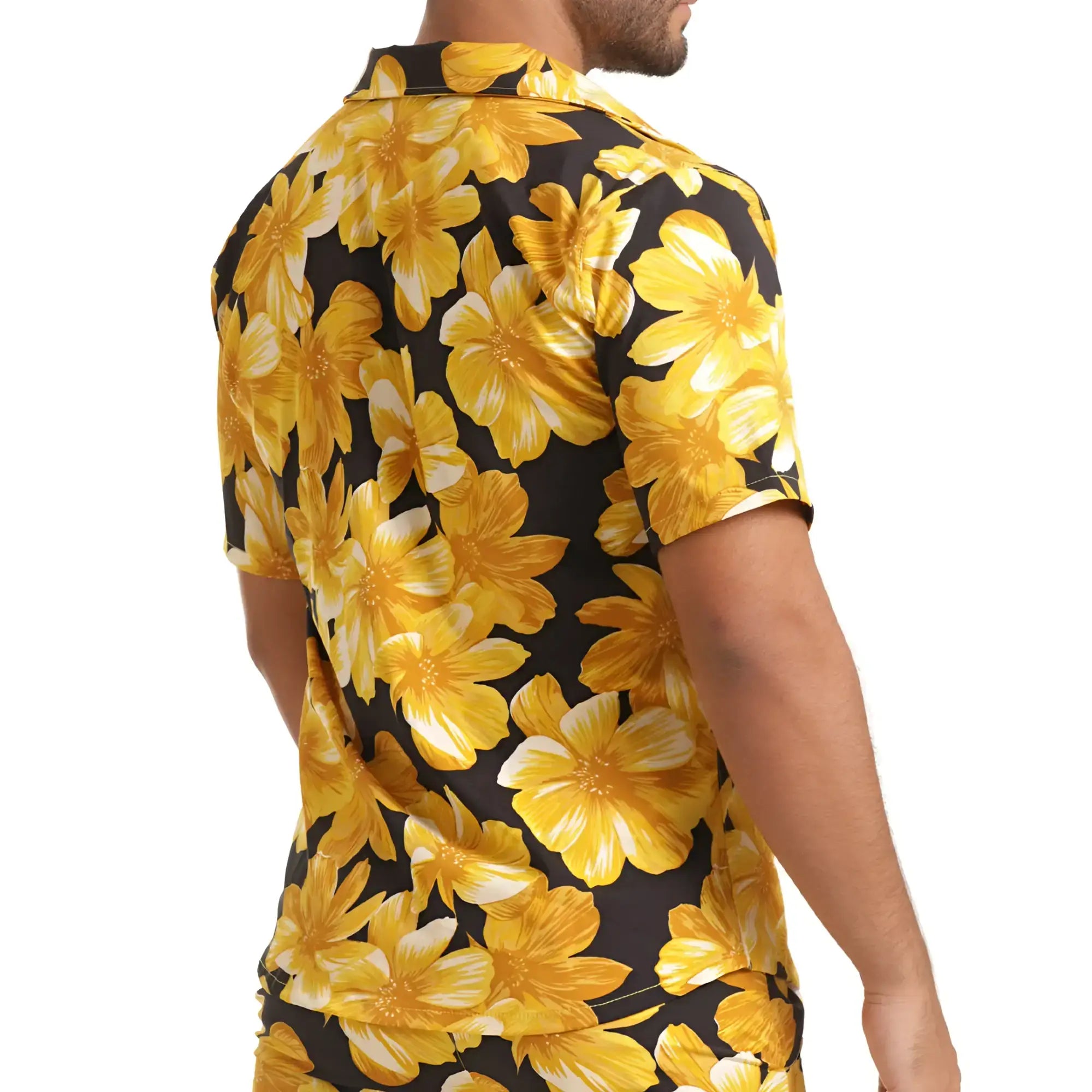 Gigo Flowers yellow shirt with vibrant yellow floral print short sleeves on black background with bold gold and white