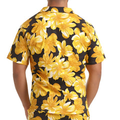 Gigo Flowers yellow shirt with vibrant yellow floral pattern on black base short-sleeved casual shirt