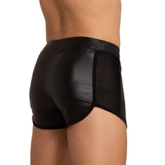 Black gigo foamy short showing back with shiny patent leather like material and breathable mesh panels